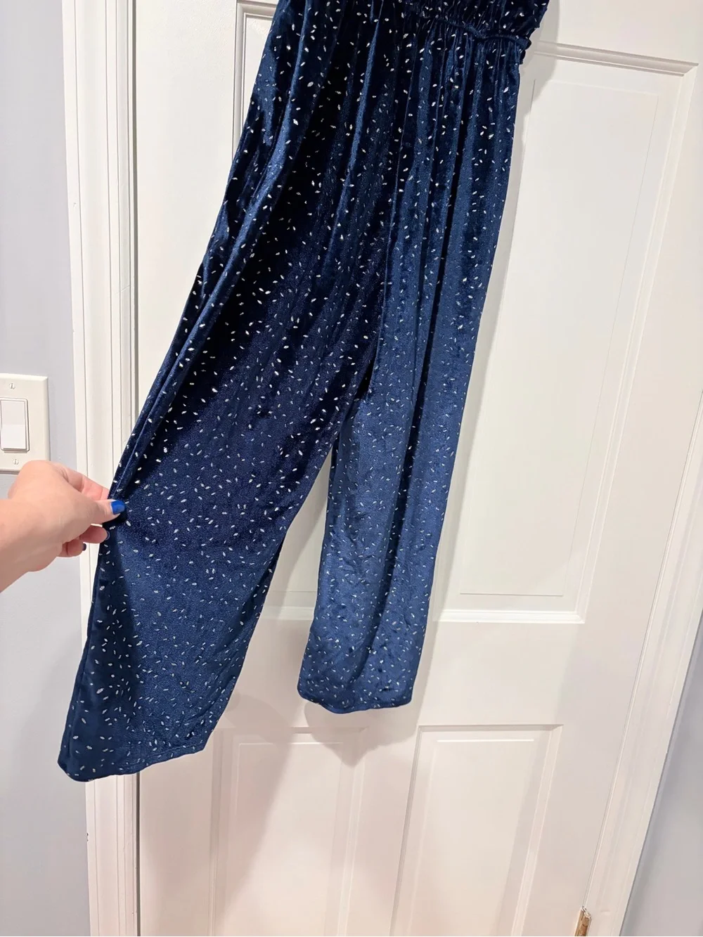 Girls Navy Blue Velour Sparkle Smock Waist Jumpsuit Large